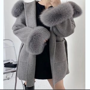 Oversize Real Fur Collar Cuffs Hood Cashmere Wool Coat